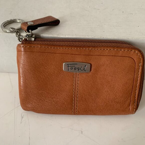VINTAGE FOSSIL COIN KEY CHAIN BROWN LEATHER WALLET POUCH - Picture 1 of 8